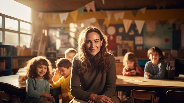 Porträt einer freundlichen weiblichen Montessori-Kindergartenlehrerin in einem Kindergarten mit kleinen Kindern