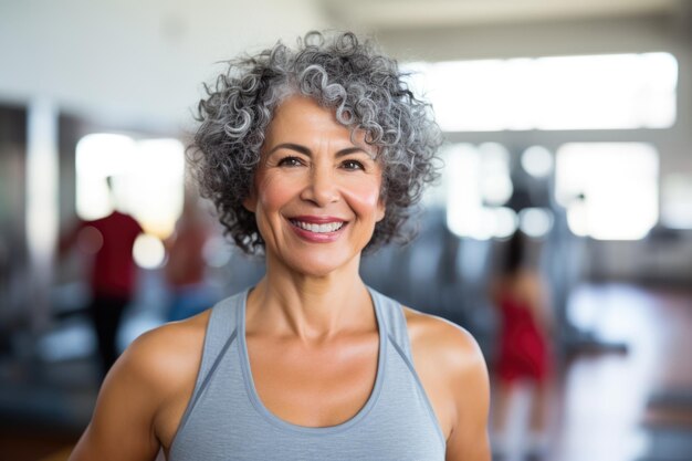 Porträt einer fröhlichen fünfzigjährigen hispanischen Frau im Fitnessstudio