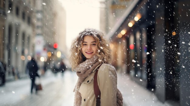 Porträt einer fröhlichen schönen jungen Frau in warmer Kleidung im Freien Winter Schneewetter