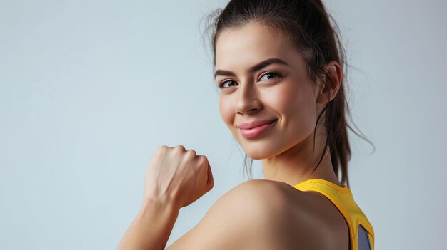 Foto porträt einer fröhlichen, sportlichen frau, isoliert auf farbigem hintergrund