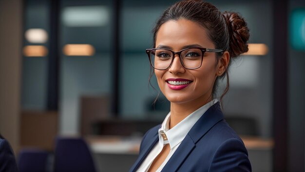 Porträt einer Geschäftsfrau mit Brille vor dem Hintergrund des Büros