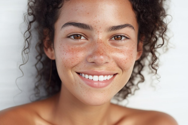 Porträt einer geschnittenen lächelnden jungen hispanischen Frau mit Freckles im Gesicht