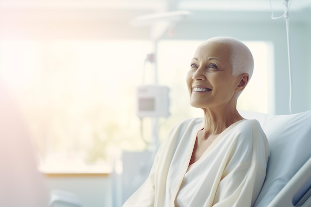 Porträt einer glücklichen älteren Frau mit einem Kopftuch für Krebspatienten, die sich von einer Krankheit erholen.