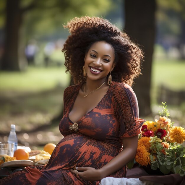 Porträt einer glücklichen afrikanischen schwangeren Frau, die ein Picknick im Park genießt