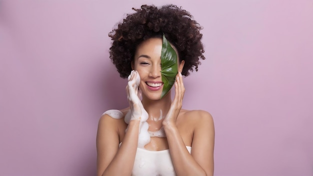 Porträt einer glücklichen afroamerikanischen Frau, die das halbe Gesicht mit grünem Blatt bedeckt, das Gesicht wäscht