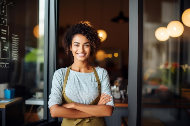 Porträt einer glücklichen afroamerikanischen Kellnerin, die mit verschränkten Armen im Café steht