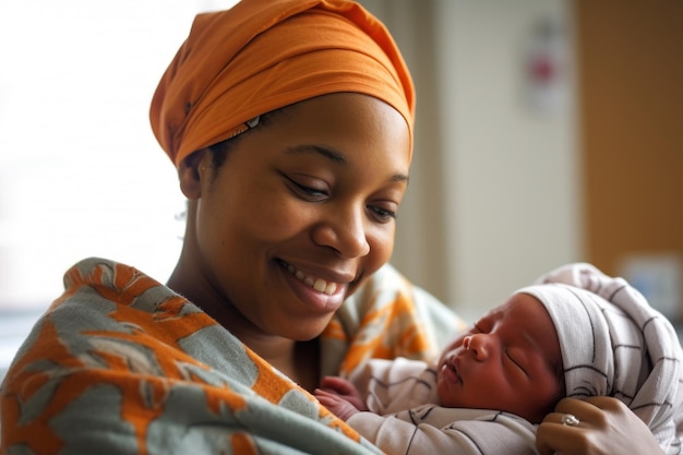 Porträt einer glücklichen afroamerikanischen Mutter mit ihrem neugeborenen Baby. Generative KI
