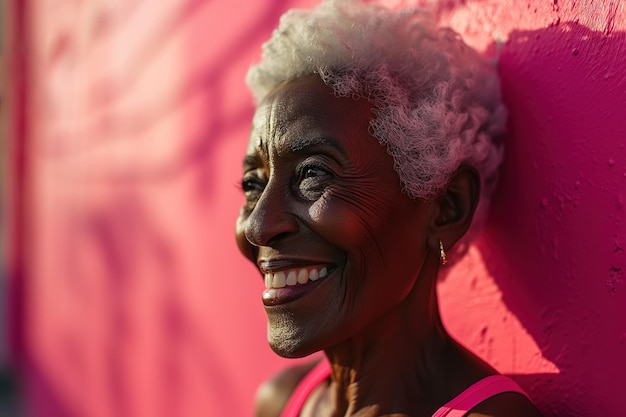 Foto porträt einer glücklichen, aktiven, fröhlichen, älteren afroamerikanischen frau, die gegen einen rosa wandhintergrund steht.