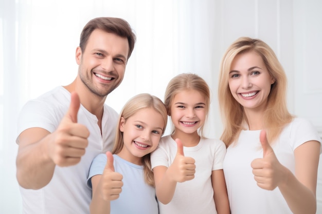 Porträt einer glücklichen Familie, die beim gemeinsamen Entspannen zu Hause die Daumen nach oben zeigt