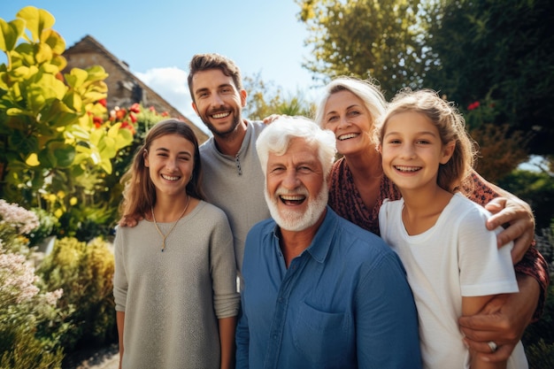 Porträt einer glücklichen Familie, die im Garten steht und lächelt. Glückliche Familie mit mehreren Generationen, die draußen steht. KI-generiert