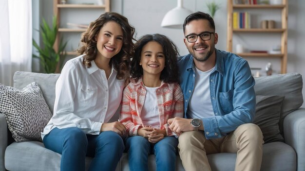 Porträt einer glücklichen Familie, die im Wohnzimmer auf dem Sofa sitzt