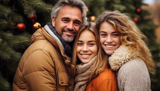 Porträt einer glücklichen Familie, die vor dem Weihnachtsbaum in die Kamera blickt