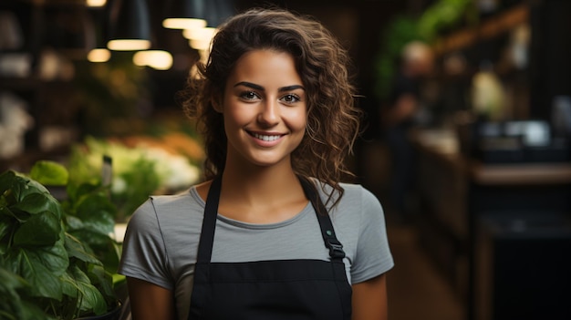 Porträt einer glücklichen Frau, die an der Tür ihres Ladens steht, einer fröhlichen, reifen Kellnerin, die in einem Café auf Kunden wartet, einem erfolgreichen Kleinunternehmer