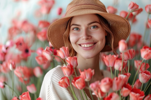 Porträt einer glücklichen Frau, die Blumen im Freien hält