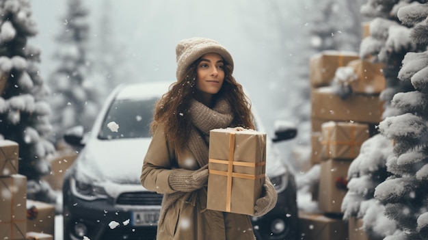 Porträt einer glücklichen Frau mit Hut steht mit einer Geschenkbox auf der Fahrt mit dem Auto, geschmückt mit Geschenken und Weihnachtsbaum. Konzept glücklicher Winterferien