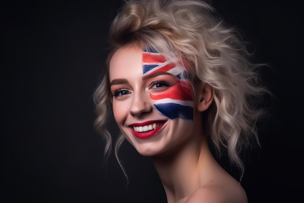 Porträt einer glücklichen Frau mit ihrem Gesicht gemalt in Union Jack Great Britain Flag generative ai