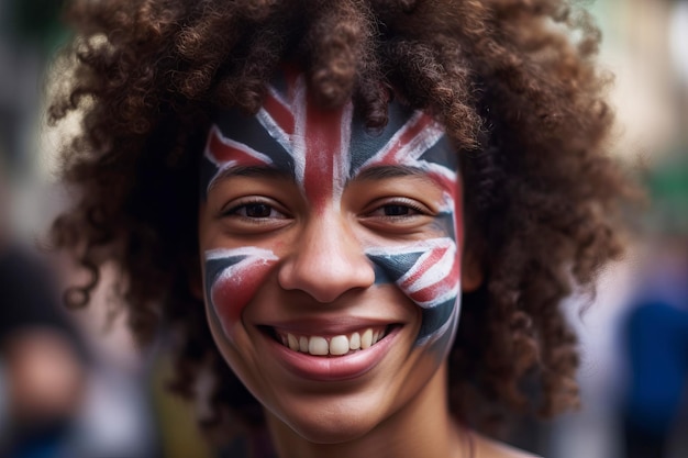 Porträt einer glücklichen Frau mit ihrem Gesicht in Union Jack gemalt, Flagge Großbritanniens generative ai