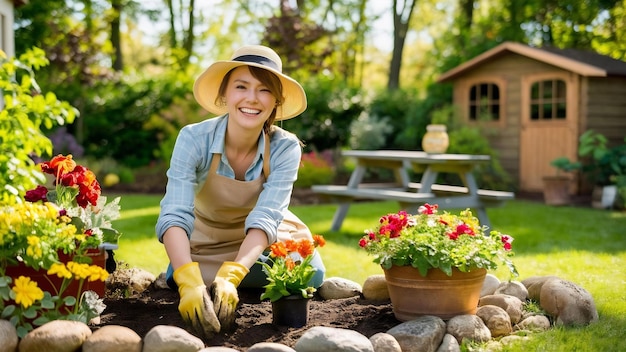 Porträt einer glücklichen Gärtnerin in Handschuhen, Hut und Schürze, Pflanzen, Blumen auf dem Blumenbett zu Hause