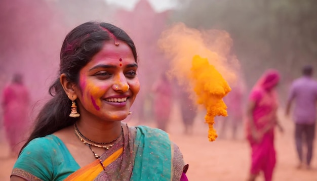 Porträt einer glücklichen indischen Frau, die Holi mit Pulverfarben oder Gulal feiert