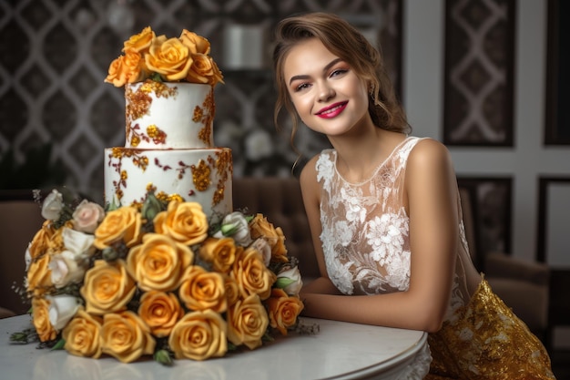 Porträt einer glücklichen jungen Braut, die vor ihrem mit generativer KI erstellten Kuchen posiert