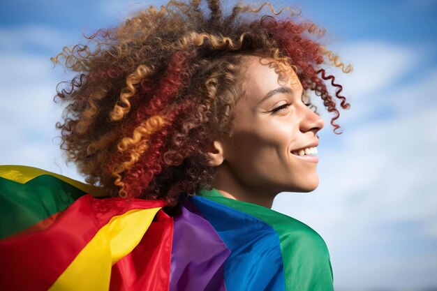 Foto porträt einer glücklichen jungen frau mit regenbogenflagge gegen den blauen himmel