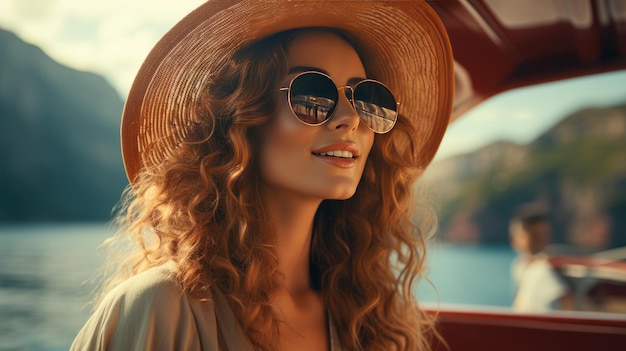 Foto porträt einer glücklichen jungen frau mit sonnenbrille und hut auf dem deck eines kreuzfahrtschiffs