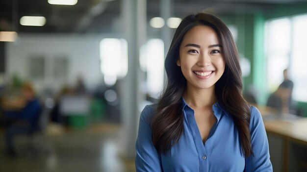 Porträt einer glücklichen, lächelnden asiatischen Frau, die in einem modernen Büro steht