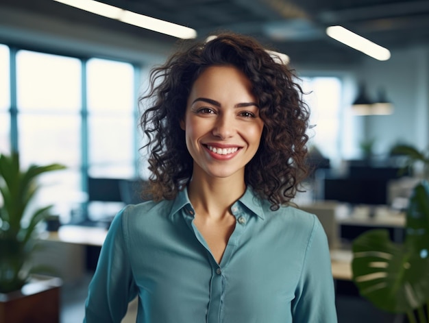 Porträt einer glücklichen lächelnden Frau, die in modernen Büroräumen steht