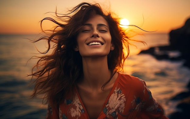 Porträt einer glücklichen lächelnden Frau mit wunderschöner KI im Hintergrund