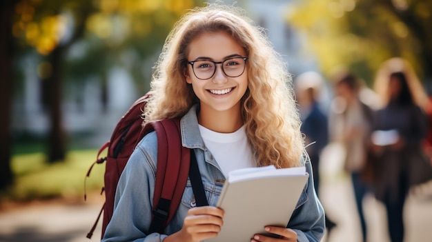 Porträt einer glücklichen, lässigen Studentin mit Rucksack, die in einen Notizblock schreibt, während sie mit Büchern auf weißem Hintergrund steht