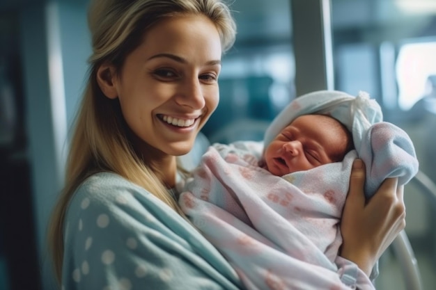 Porträt einer glücklichen Mutter mit neugeborenem Baby auf der Krankenstation Mutterschaftskonzept Generative KI