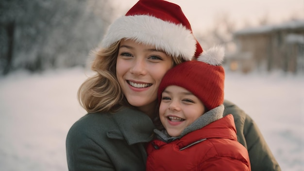 Porträt einer glücklichen Mutter und ihres Sohnes mit Weihnachtsmütze an einem Wintertag