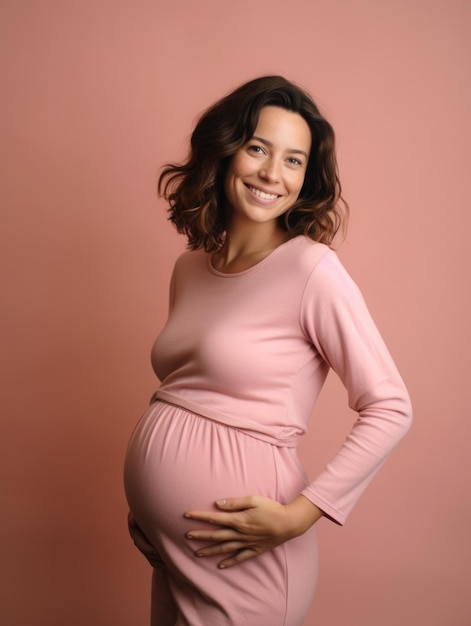 Porträt einer glücklichen schwangeren Frau, die ihren Bauch berührt
