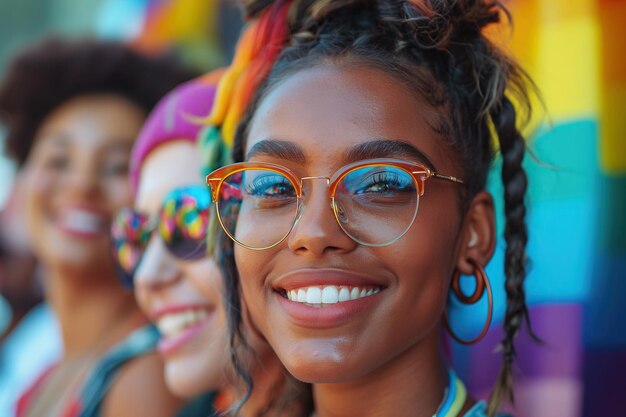 Foto porträt einer glücklichen schwarzen lächelnden lesbischen frau in einer menschenmenge bei der lgbt-parade pride in summer festival