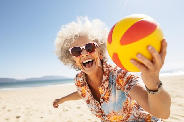 Porträt einer glücklichen Seniorin mit Sonnenbrille, die einen entspannten Sommer am Pool genießt Generative von Ai