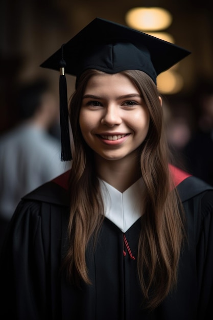 Porträt einer glücklichen Studentin am Abschlusstag, erstellt mit generativer KI