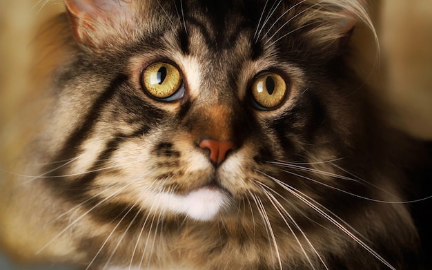 Porträt einer grauen, flauschigen Katze mit gelben Augen