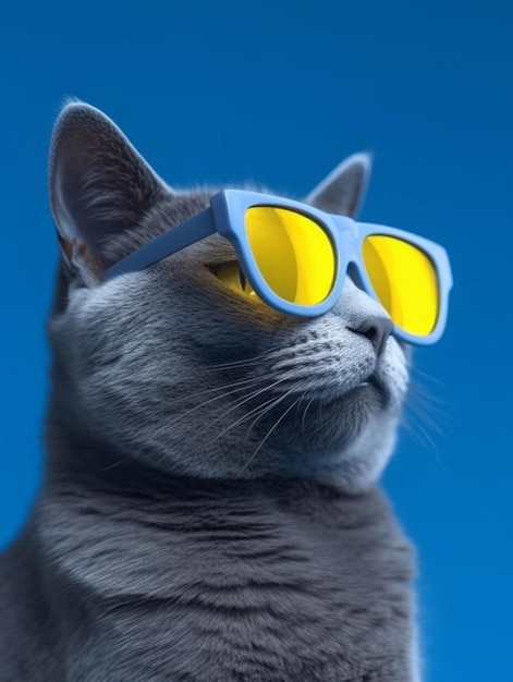 Porträt einer grauen Katze mit gelber Brille auf blauem Hintergrund