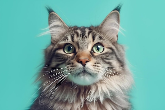 Foto porträt einer grauen tabby-katze auf einem mint-hintergrund in der nähe der vorderseite