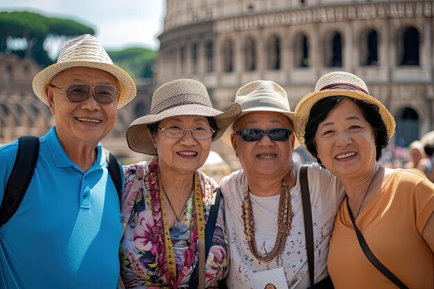 Porträt einer Gruppe älterer asiatischer Freunde vor dem Kolosseum in Rom