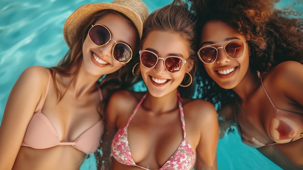 Porträt einer Gruppe junger Leute, die sich bei einer Poolparty amüsieren, exklusives Urlaubskonzept des Resorts