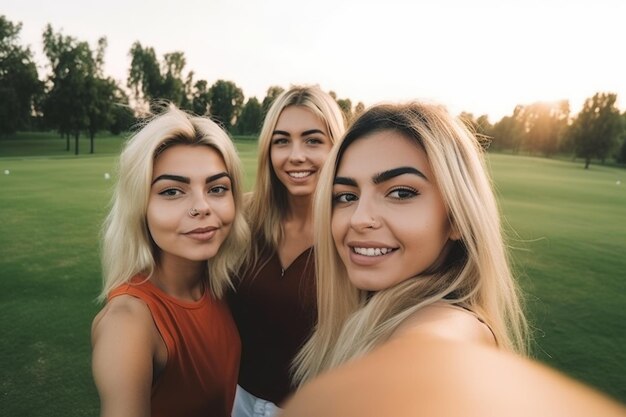 Porträt einer Gruppe von Menschen, die gemeinsam Selfies auf dem Golfplatz machen, erstellt mit generativer KI
