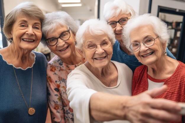 Porträt einer Gruppe von Senioren, die Selfies machen, während sie auf einem Malunterricht sind, erstellt mit generativer KI