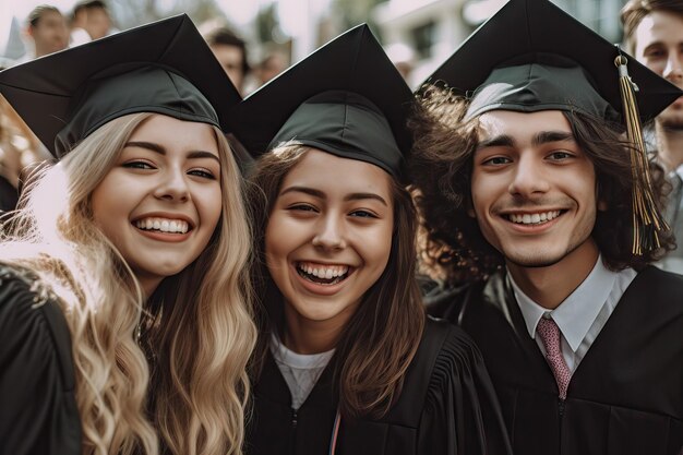 Porträt einer Gruppe von Studenten, die am Abschlusstag ihre Hände hochhalten oder ihren Abschluss mit einem Diplom machen