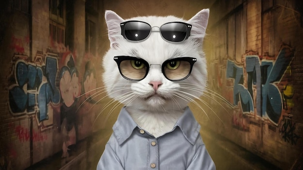 Porträt einer Hipster-weißen Katze mit Sonnenbrille und Hemd