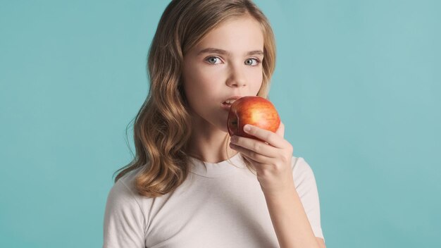 Porträt einer hübschen blonden Teenagerin mit gewelltem Haar, die roten Apfel auf blauem Hintergrund isst. Zeit für einen Snack