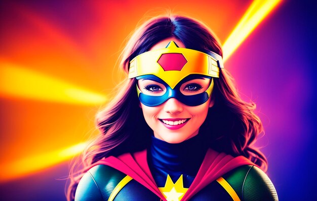 Porträt einer hübschen jungen Frau in Superheldenkostüm und mit Maske