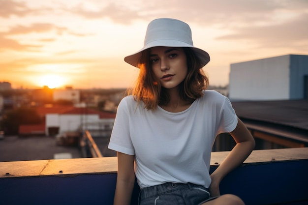 Porträt einer hübschen jungen Frau in weißem T-Shirt und blauem Rock, die mit ihrem Orang auf dem Dach posiert