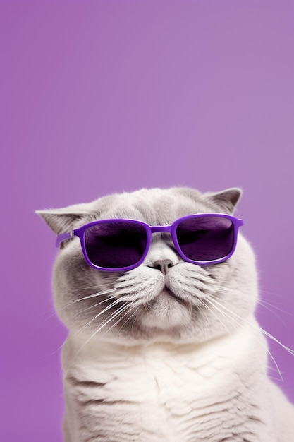 Porträt einer hübschen schottischen Faltkatze mit Sonnenbrille auf violettem Hintergrund. Generative KI