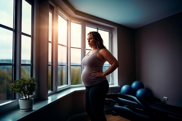 Foto porträt einer hübschen schwangeren frau, die zu hause trainiert